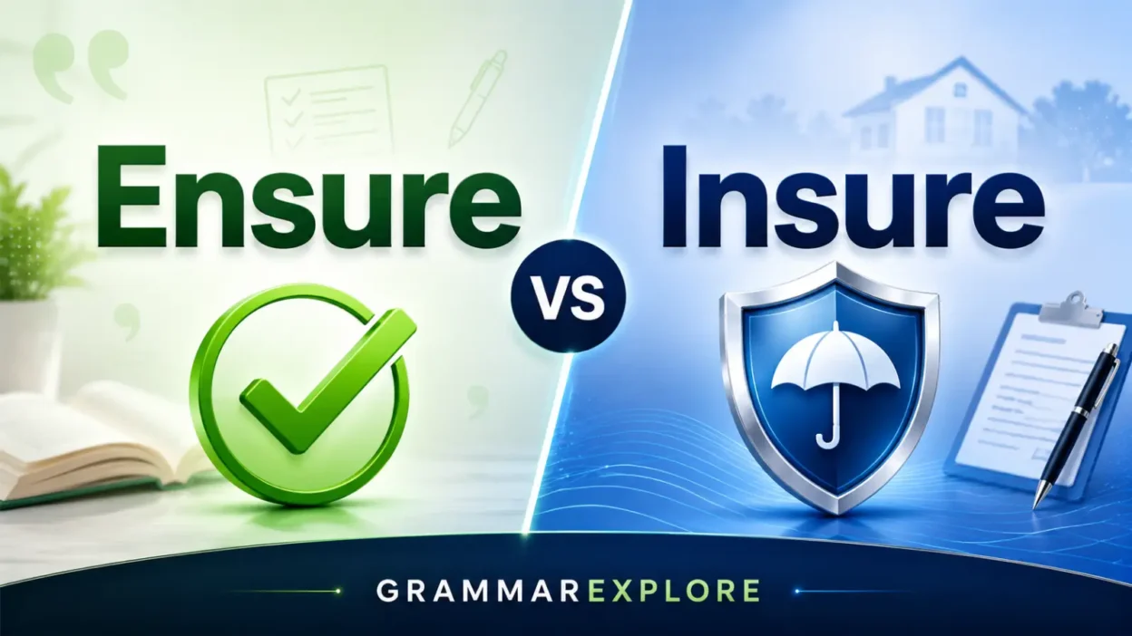 Ensure vs Insure comparison graphic showing a green checkmark for “Ensure” and a blue insurance shield for “Insure,” branded with GrammarExplore.